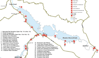 Map of Roosevelt and Apache Lake Recreation Areas with red squares marking locations of campgrounds.